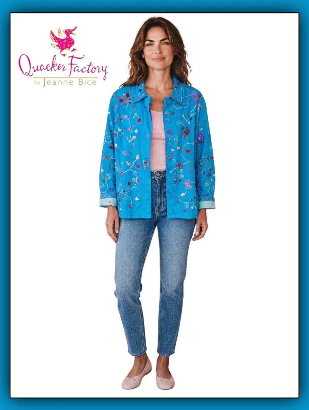 NEW Quacker Factory Turquoise Floral Embroidered Beaded Jacket Large